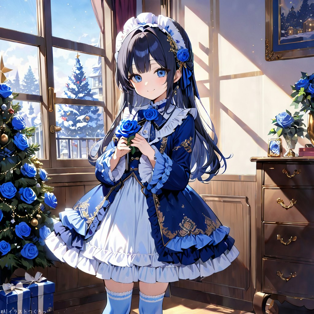 バードちゃん、クリスマスツリーと青い薔薇