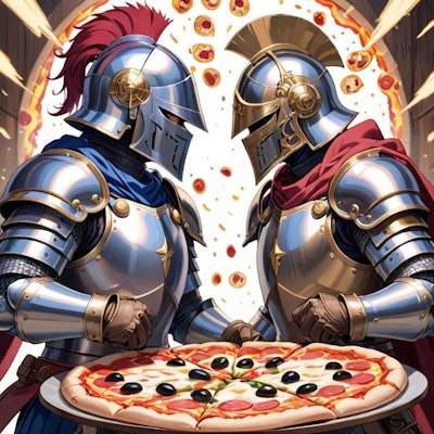 ピザの具で喧嘩する騎士