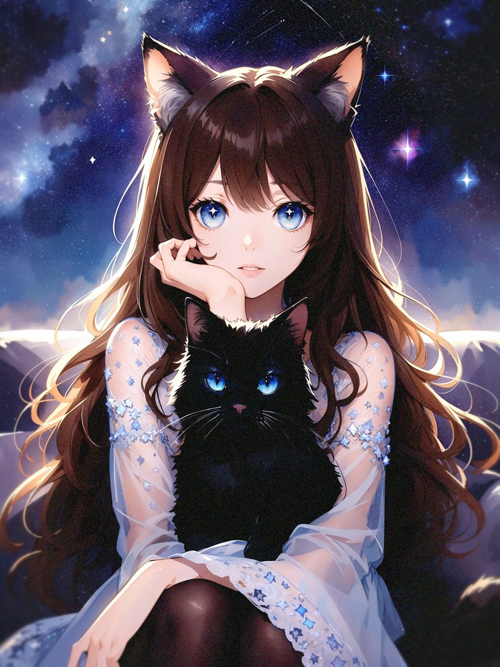 black cat and cat ears girl