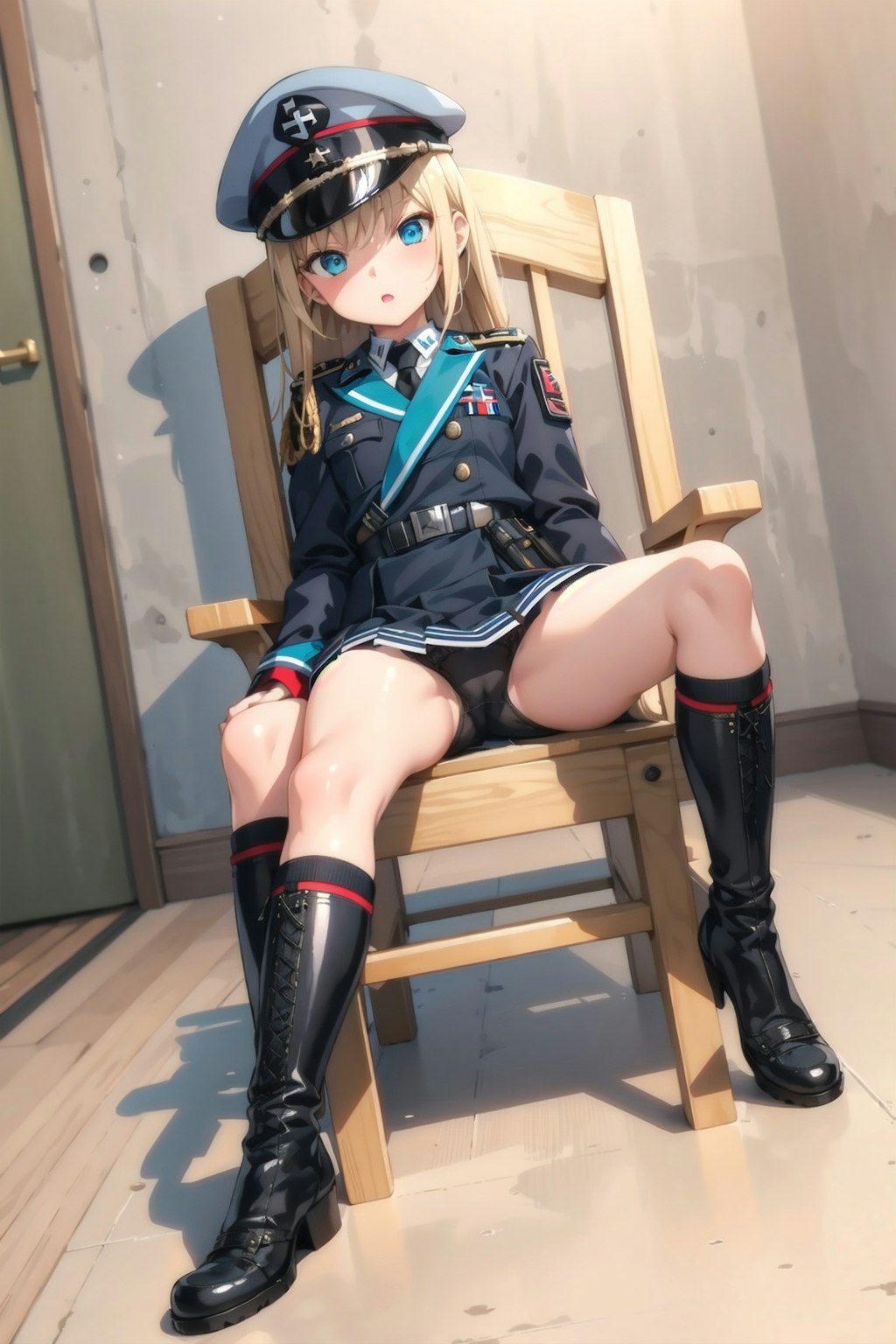 椅子に座る軍服少女