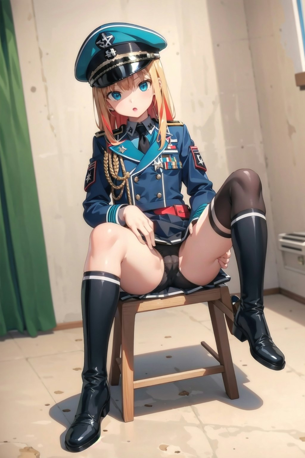 椅子に座る軍服少女