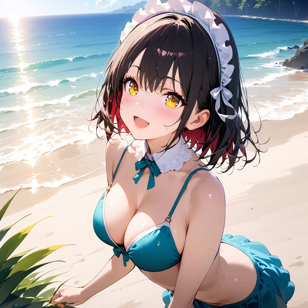 黒髪少女と砂浜