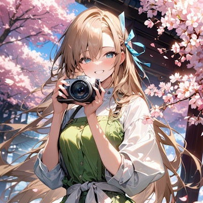 私服のアスナが桜の下で写真撮影【ブルアカ・一ノ瀬アスナ】