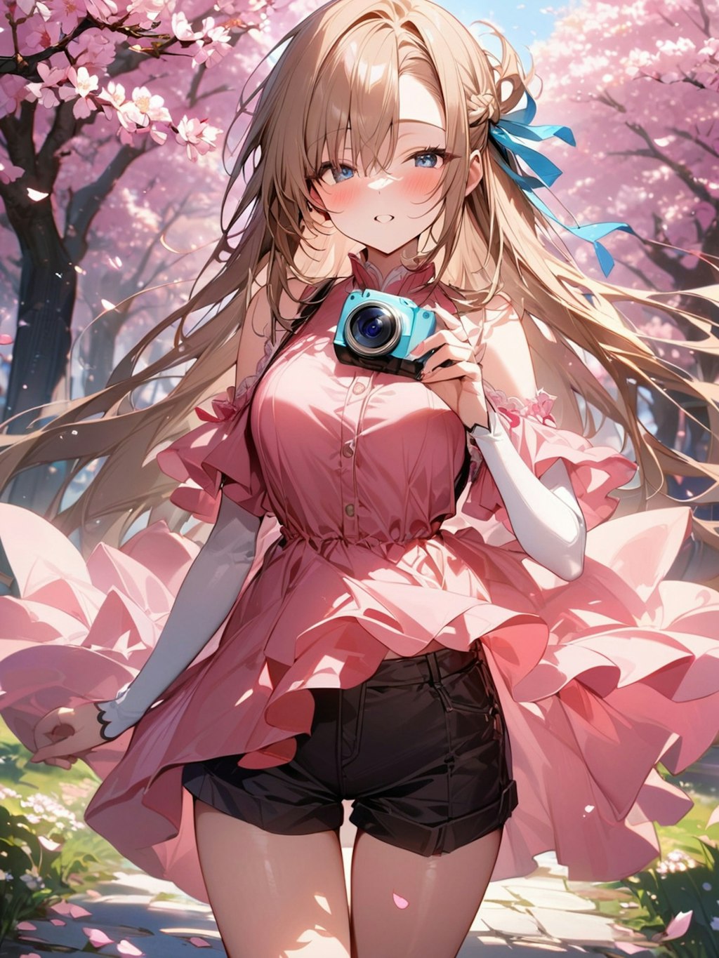 私服のアスナが桜の下で写真撮影【ブルアカ・一ノ瀬アスナ】