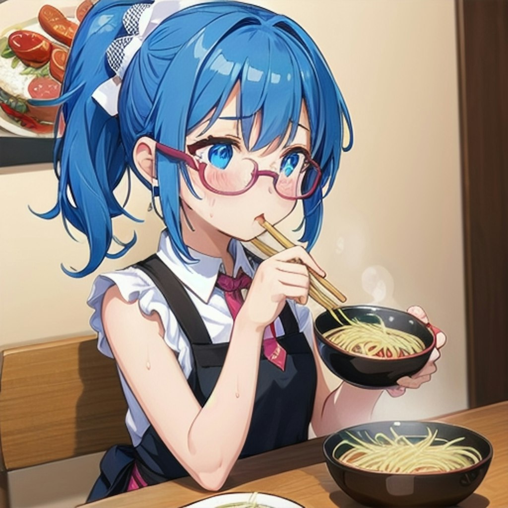 あつあつのラーメンを食べる、眼鏡っ娘