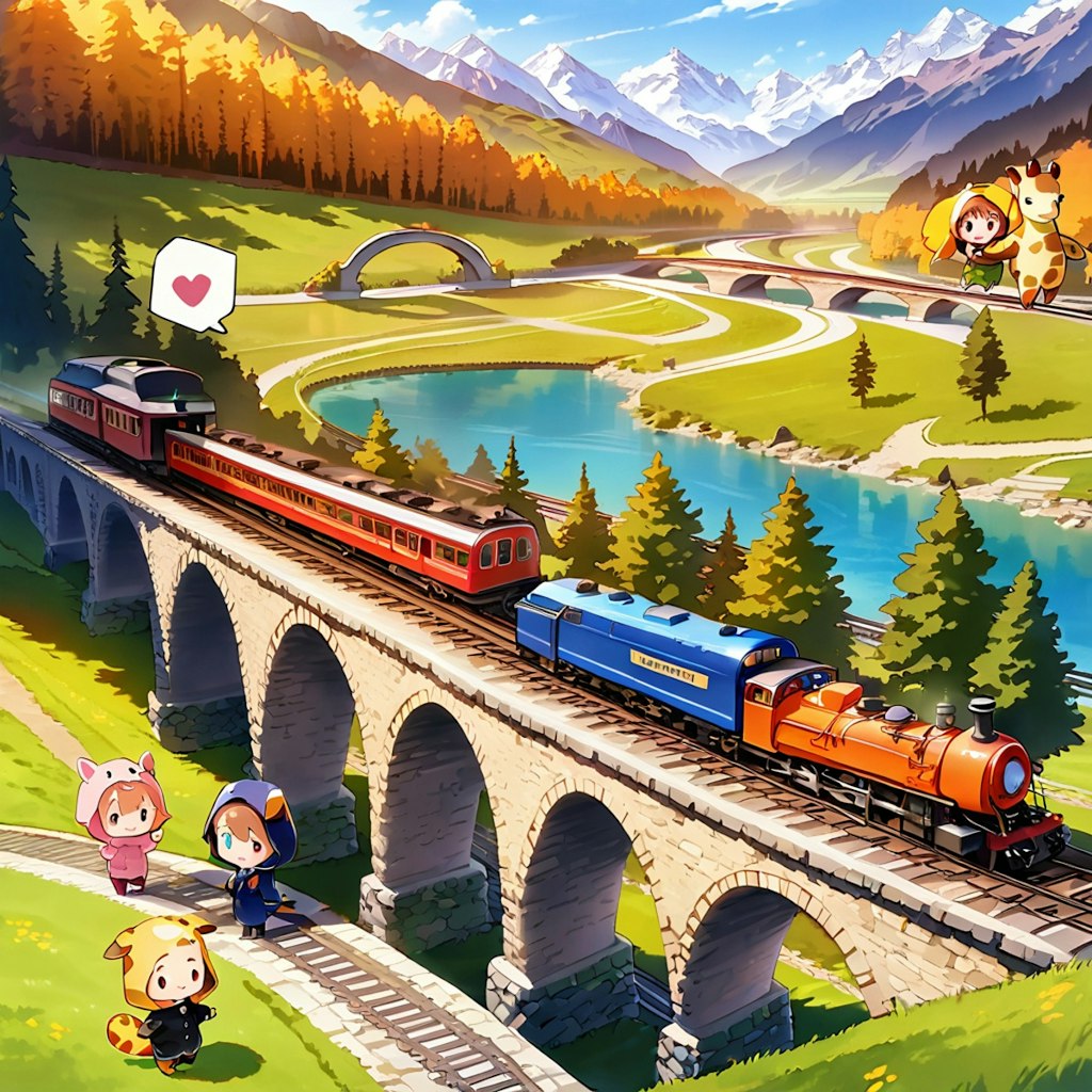 山岳鉄道とキリン着ぐるみちび子ちゃん