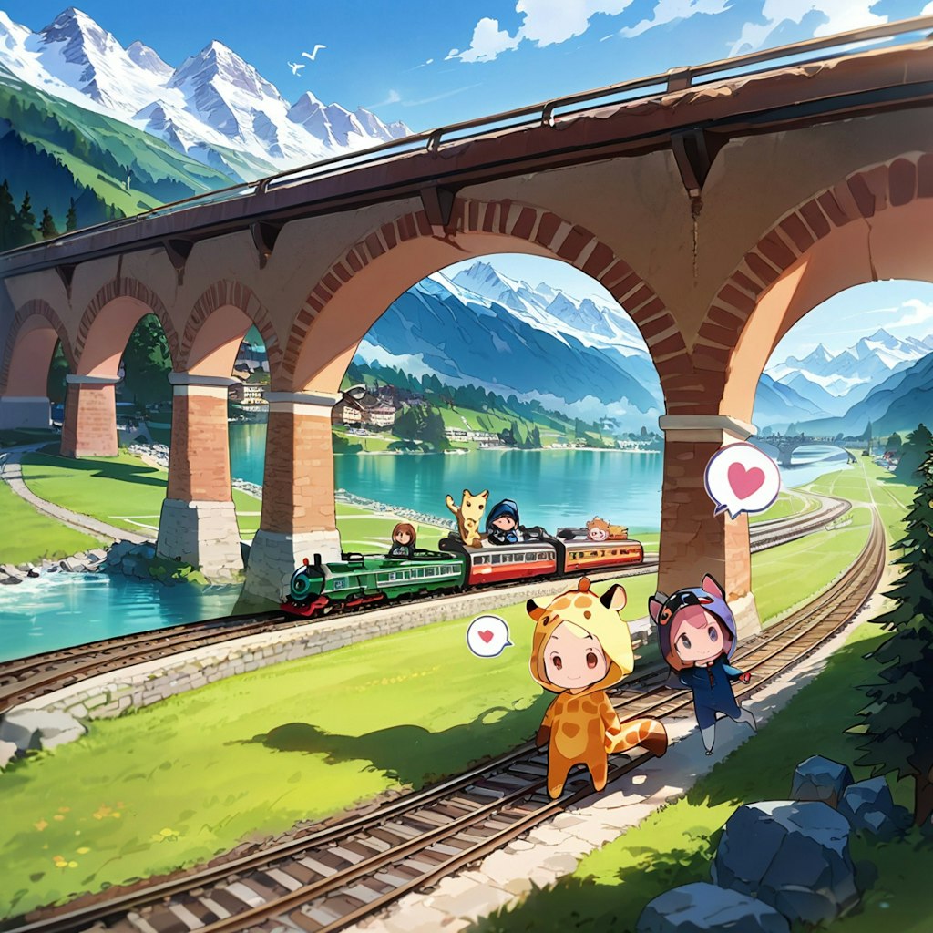 山岳鉄道とキリン着ぐるみちび子ちゃん