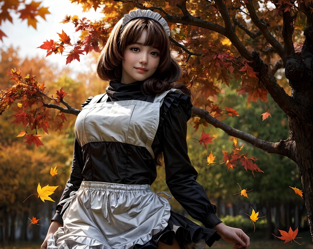 メイドさん紅葉公園でお仕事中 おはよう～