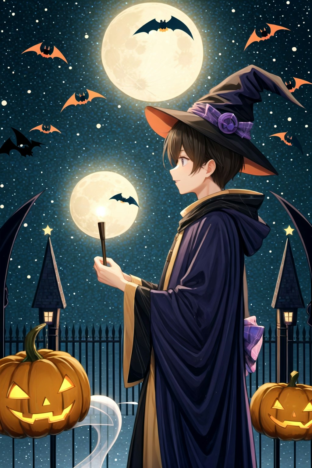 ハロウィンの月夜の余韻に浸る青年