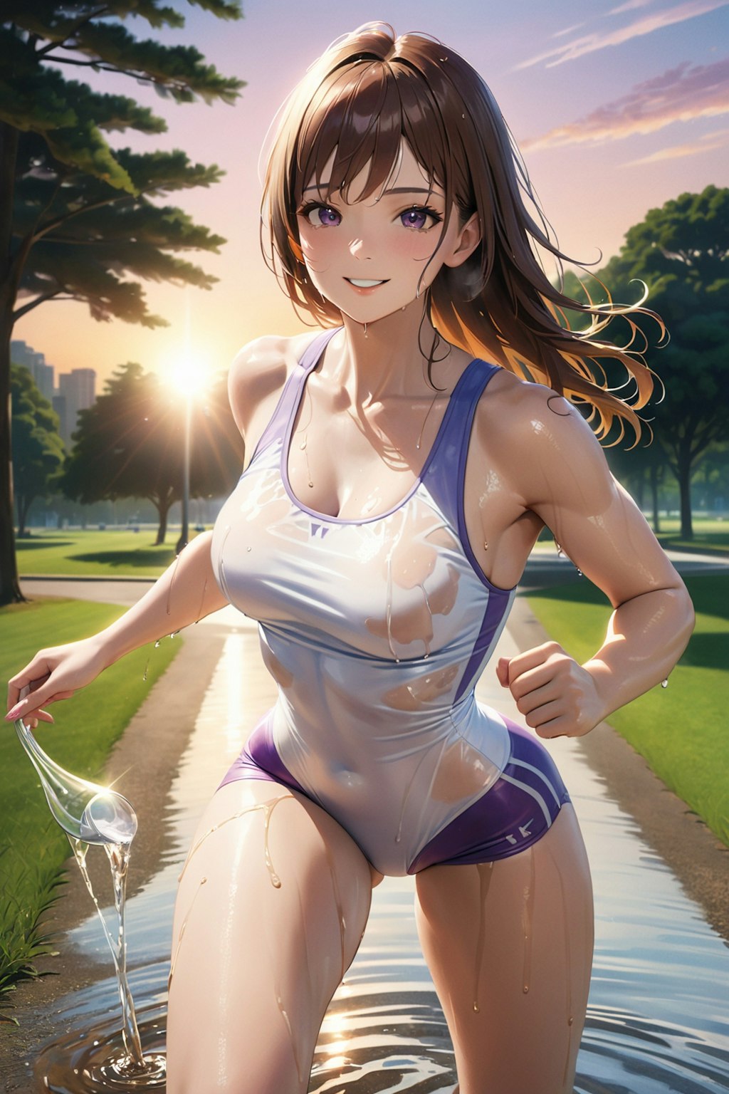 Babe wearing a sweaty shirt is jogging