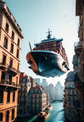 A ship flying over the city