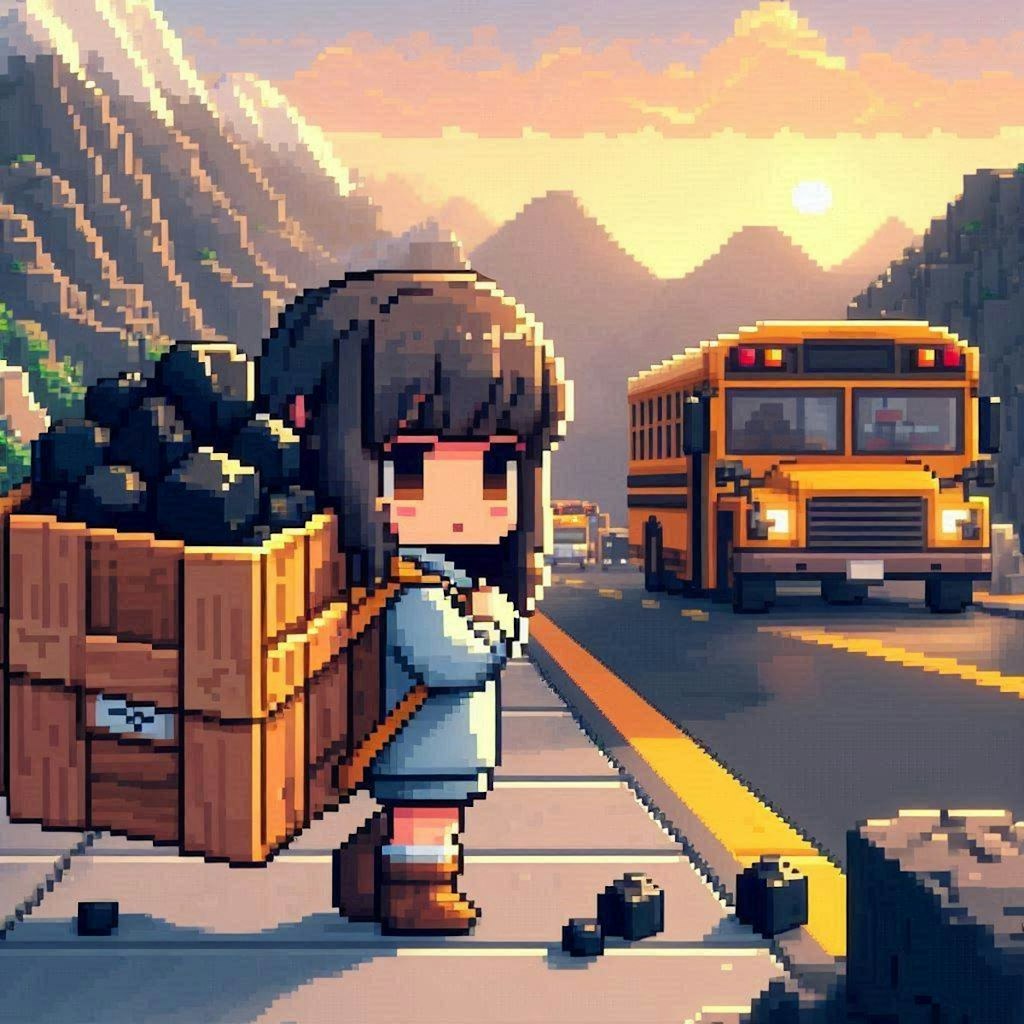 鉱石を集めて街に帰るバスを待っている女の子