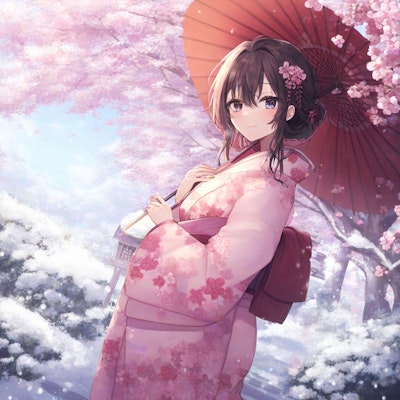 雪と桜と着物美女