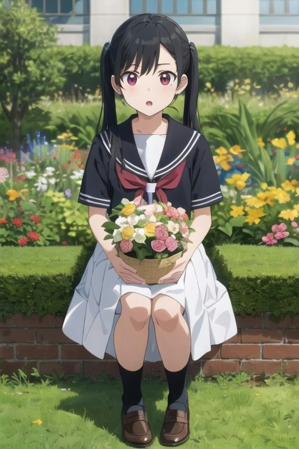 学校の庭の花壇で