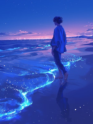青く光る海