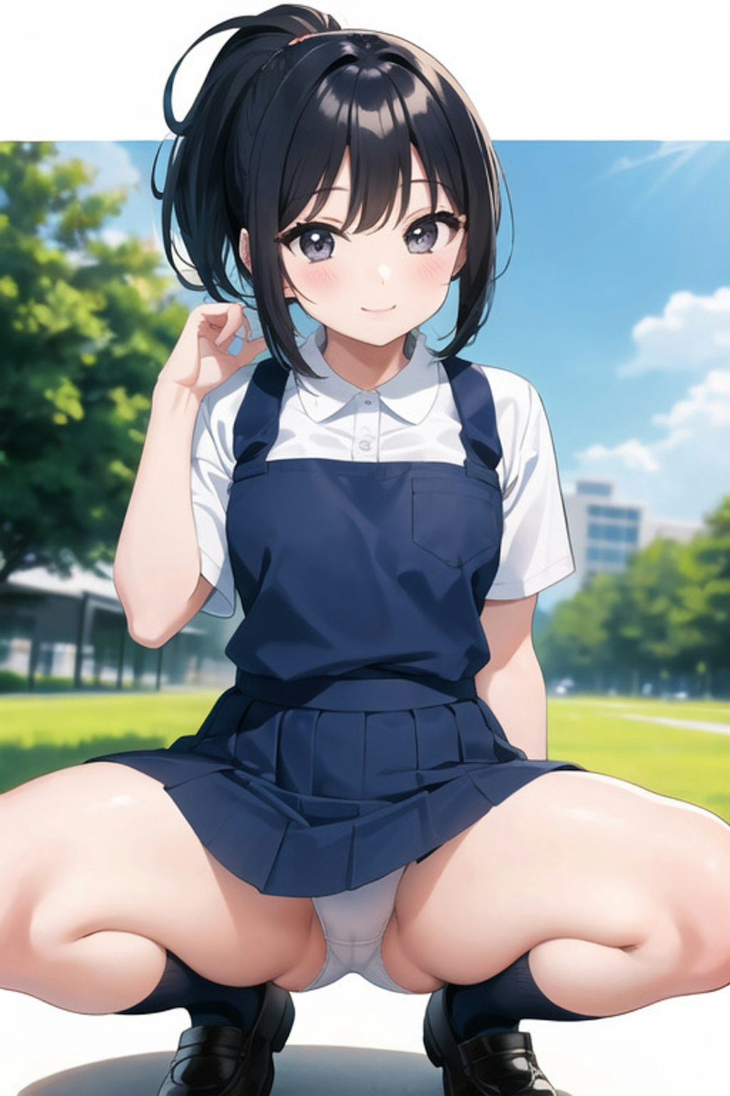 しゃがんでいるポニーテールの女の子