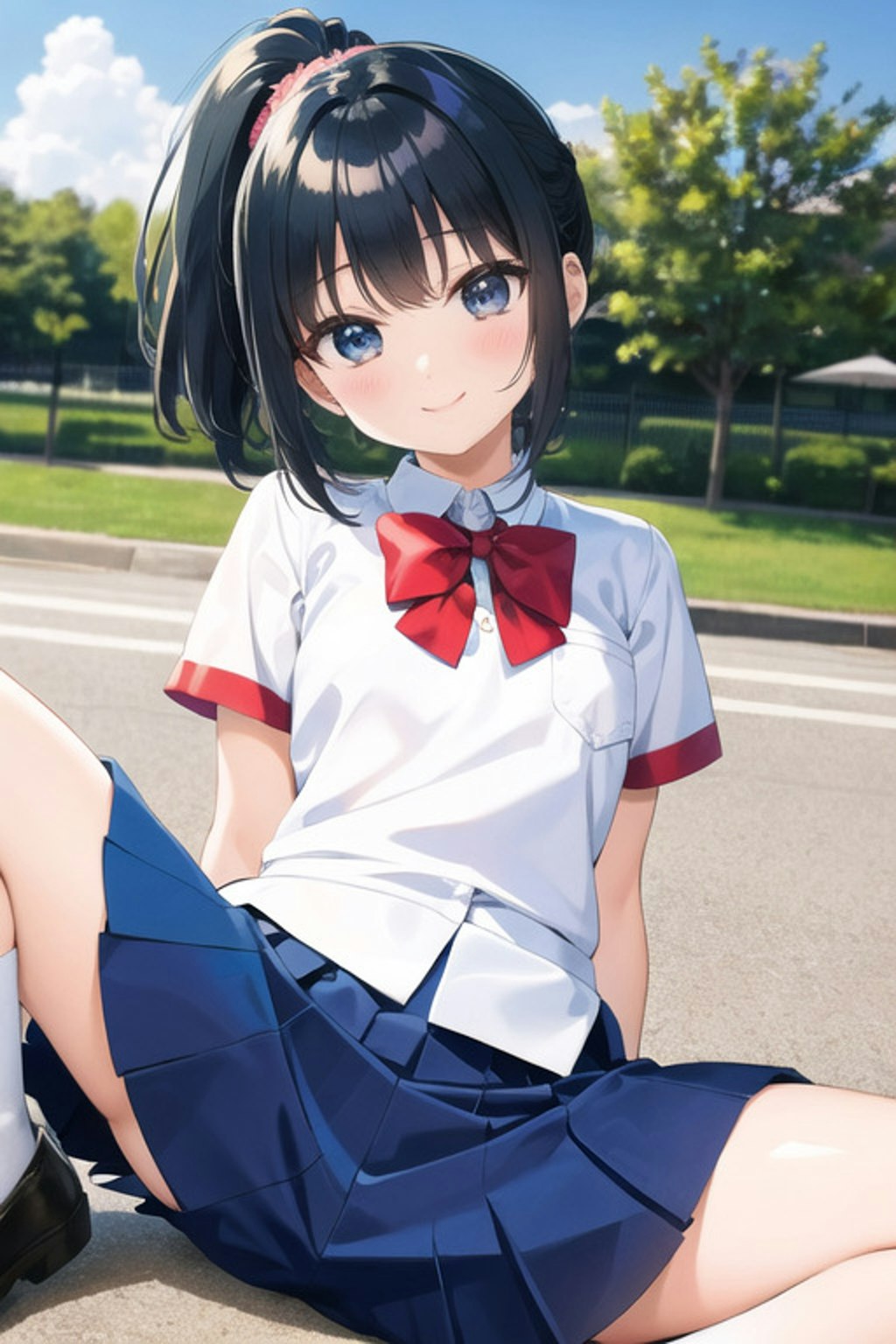 しゃがんでいるポニーテールの女の子