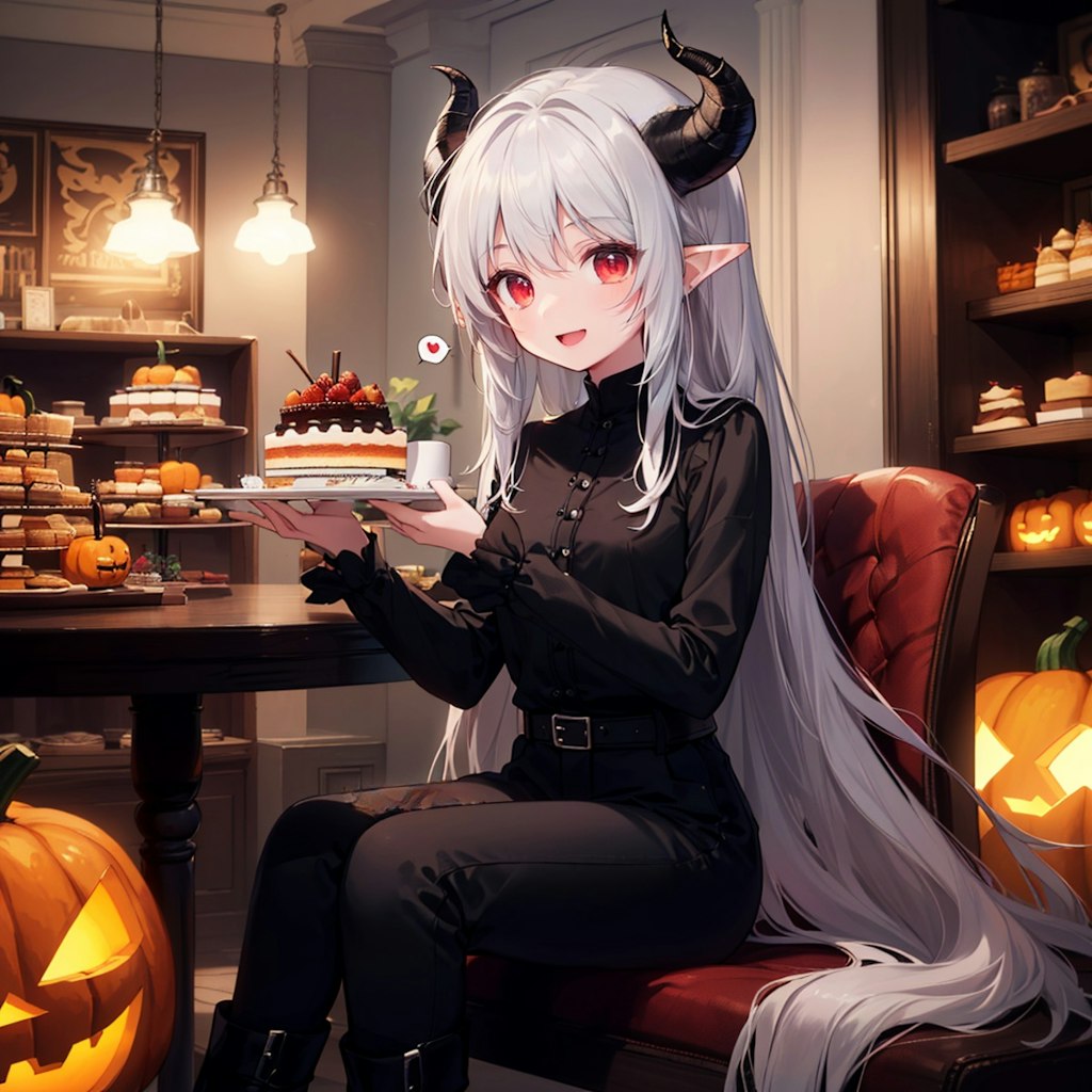 ハロウィンケーキを楽しむ銀髪竜姫