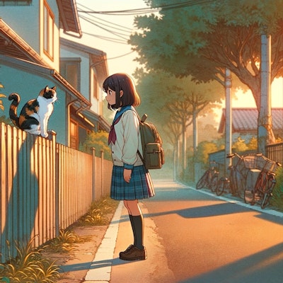 学校帰りに塀の上にいる猫とアイコンタクトをとる少女