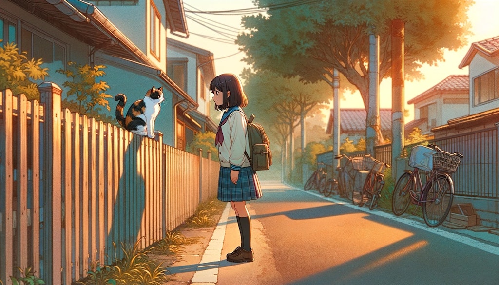 学校帰りに塀の上にいる猫とアイコンタクトをとる少女