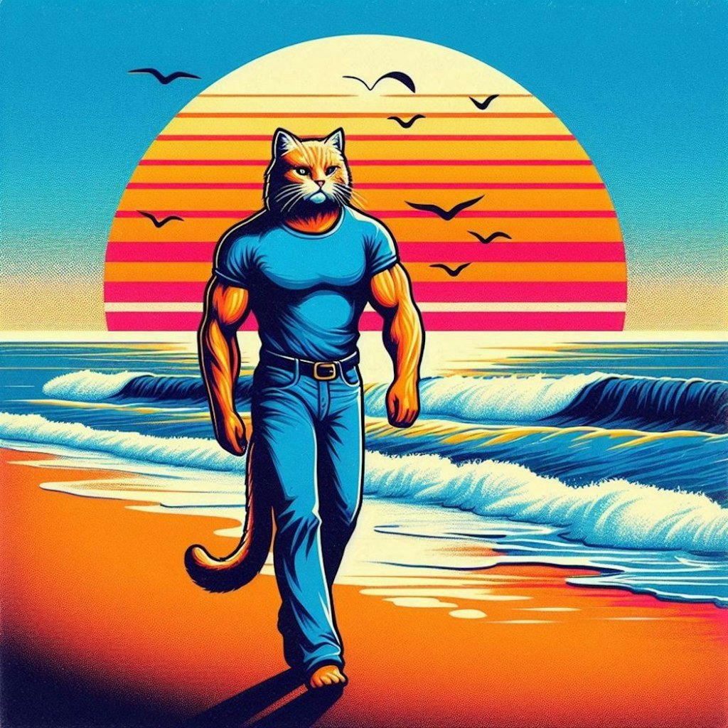 1980年代風アクリル風　アメリカ海岸を歩くクソださTシャツ筋肉猫