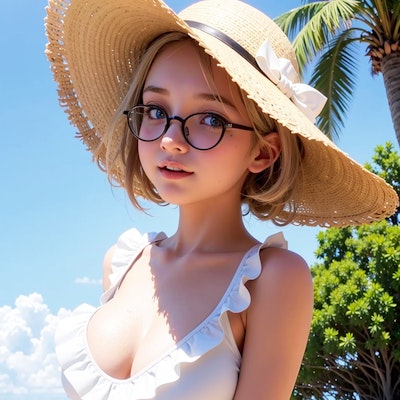 夏のとある浜辺で、知的な雰囲気の少女と。