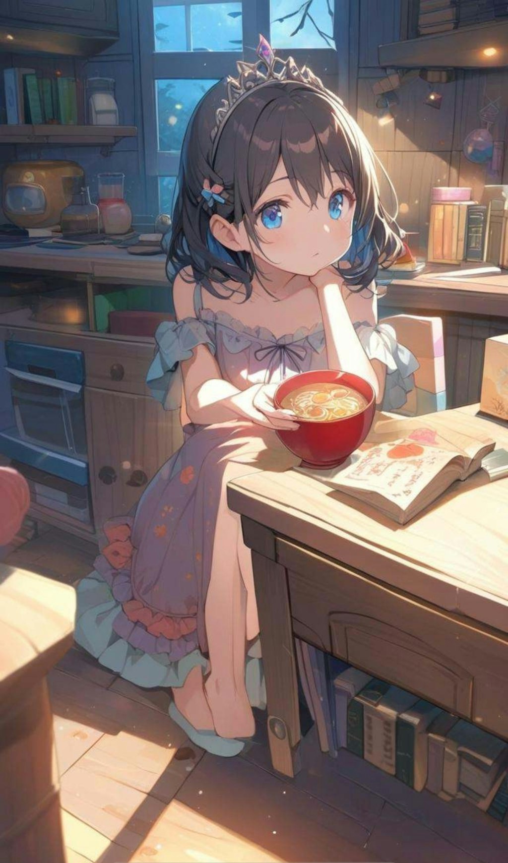 夜食にラーメンを食べる小さな女の子