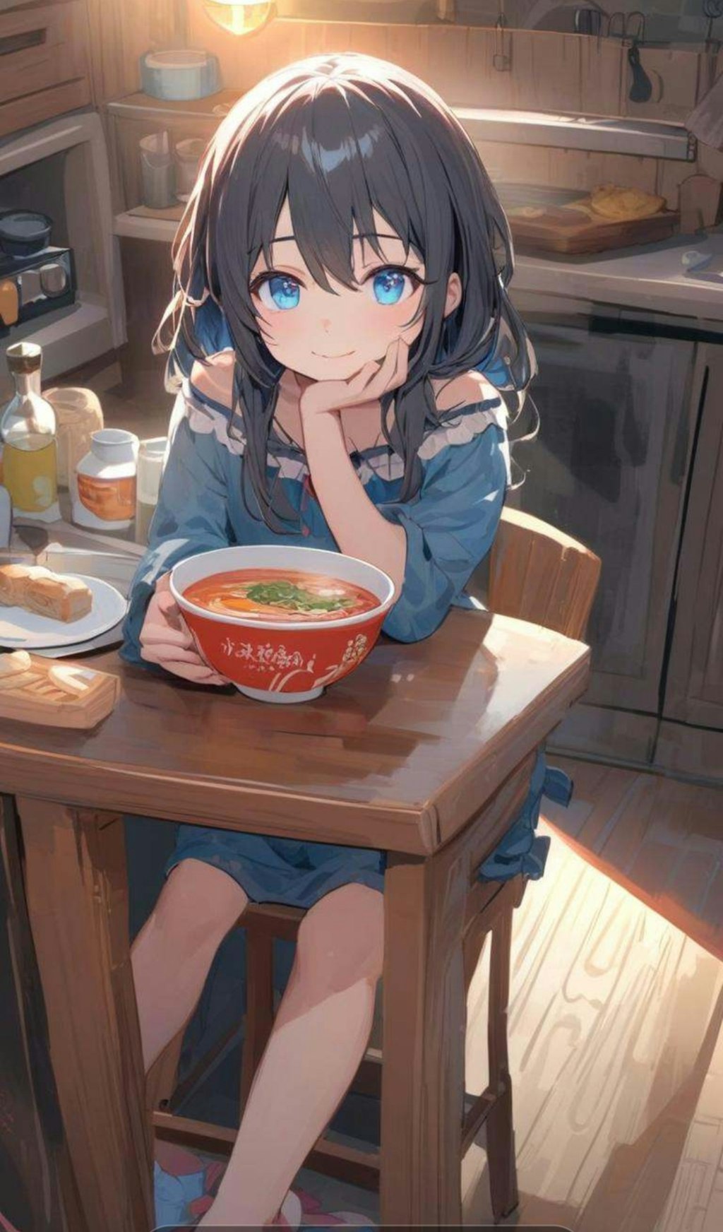 夜食にラーメンを食べる小さな女の子