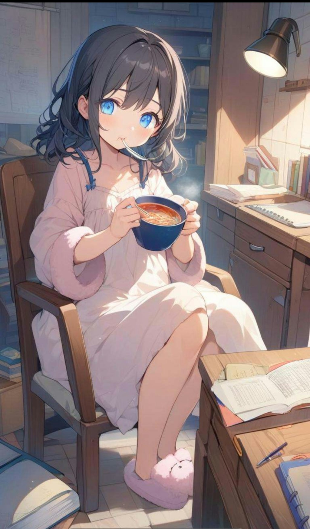 夜食にラーメンを食べる小さな女の子