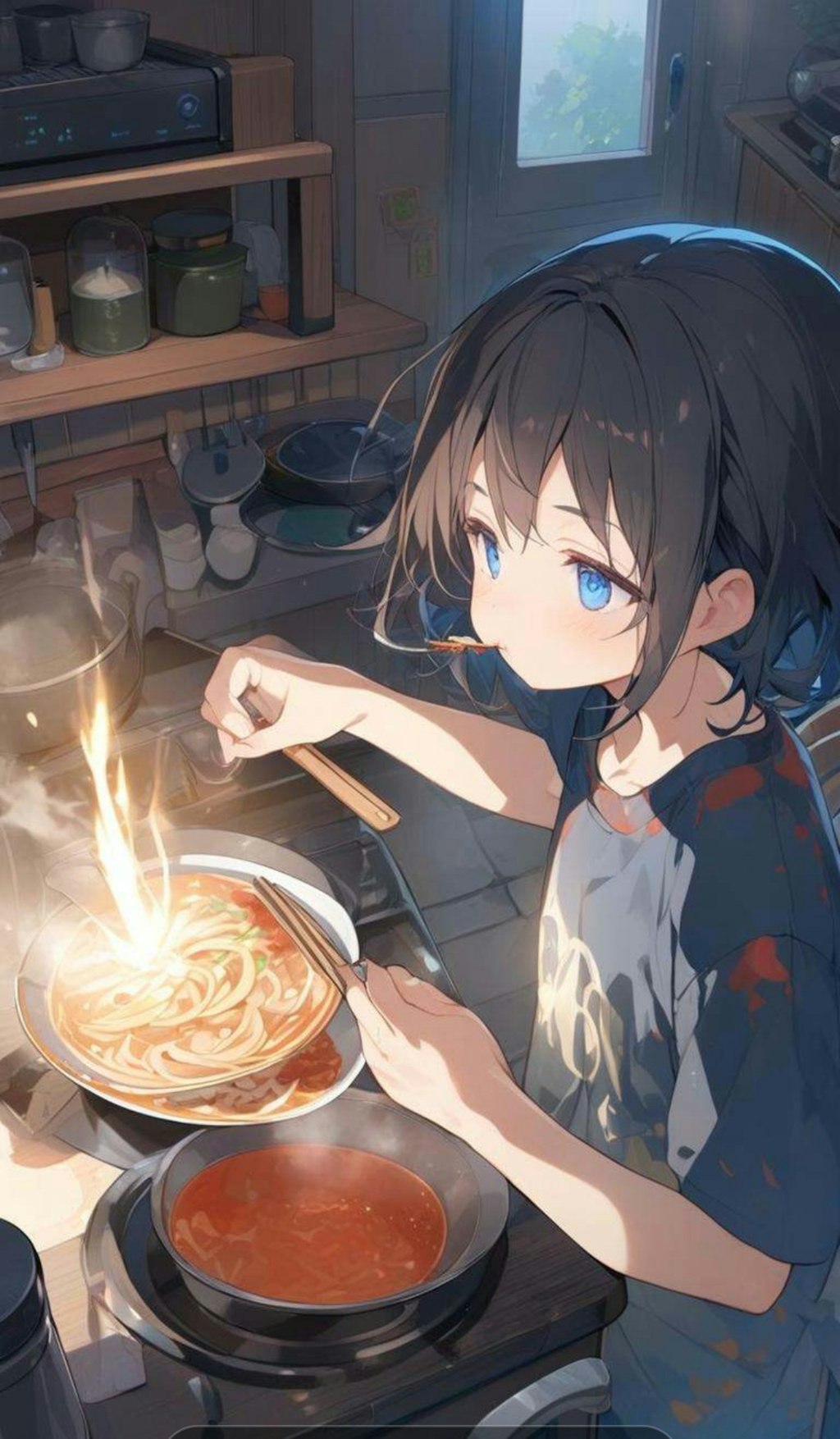 夜食にラーメンを食べる小さな女の子