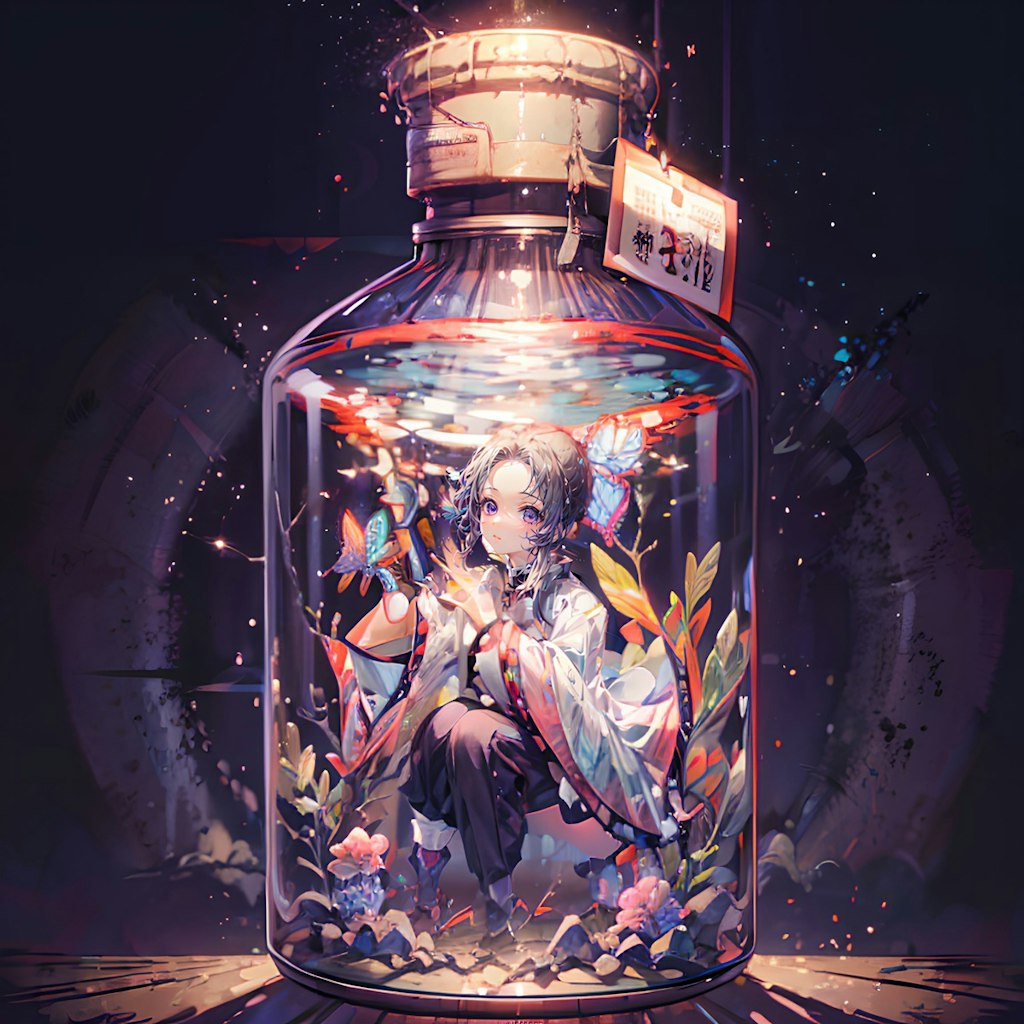 瓶アートと胡蝶しのぶが出会うファンタジー世界 - AIが描く美しく神秘的なボトルアート