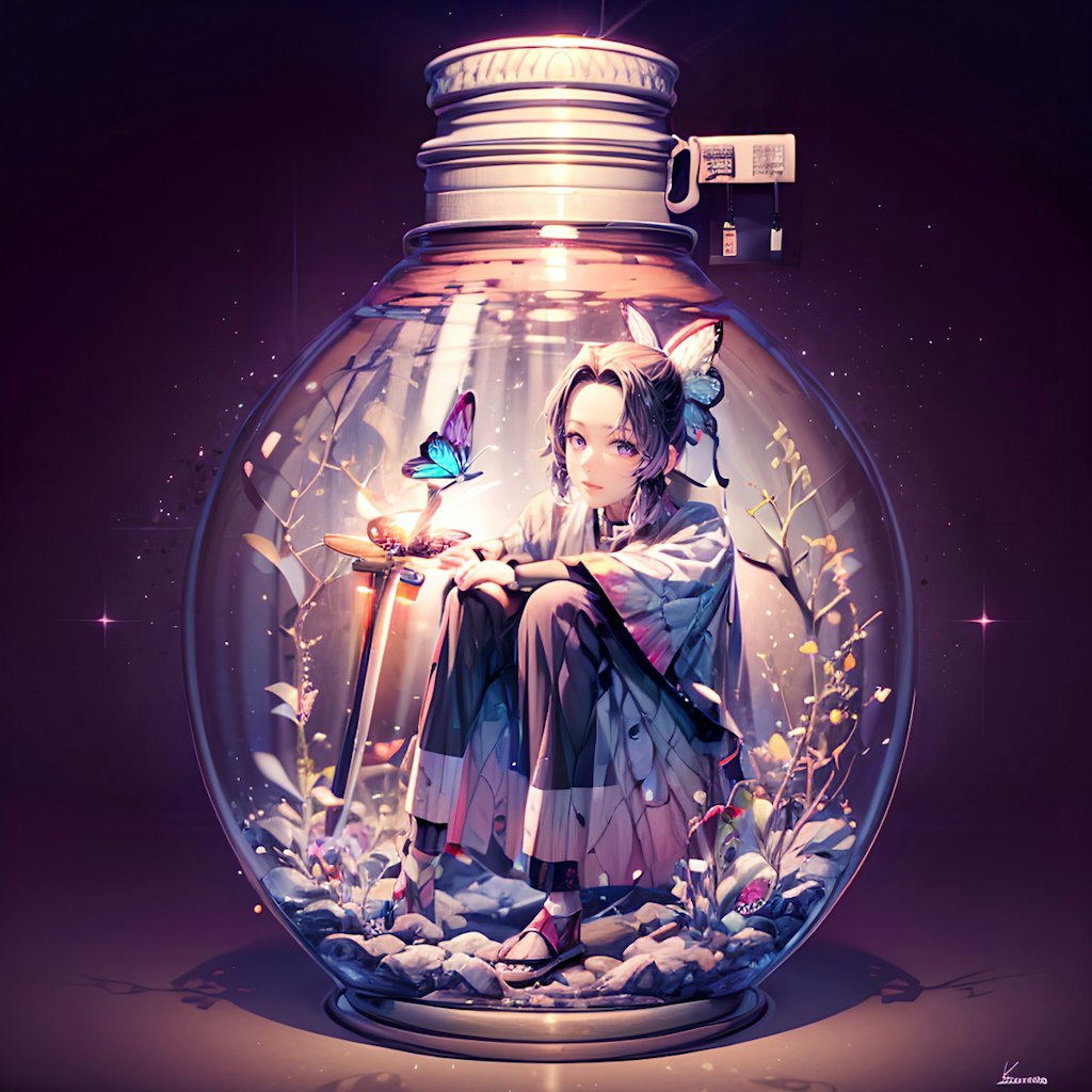 瓶アートと胡蝶しのぶが出会うファンタジー世界 - AIが描く美しく神秘的なボトルアート