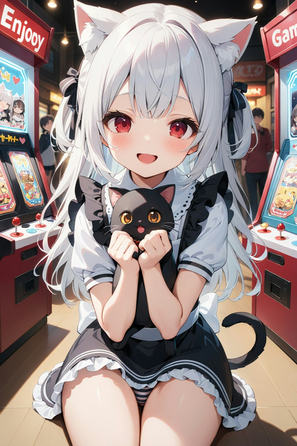 ゲームセンターで遊ぶ猫耳メイドさん