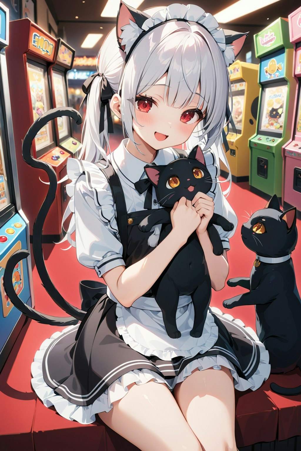 ゲームセンターで遊ぶ猫耳メイドさん