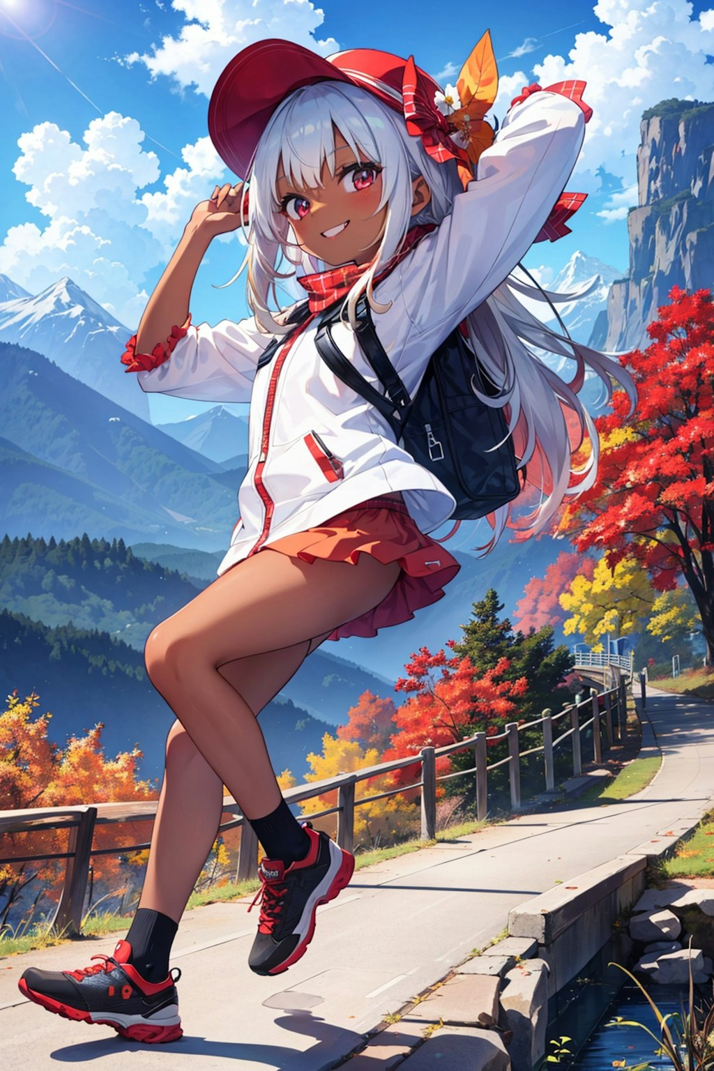 秋山ハイキングをする少女