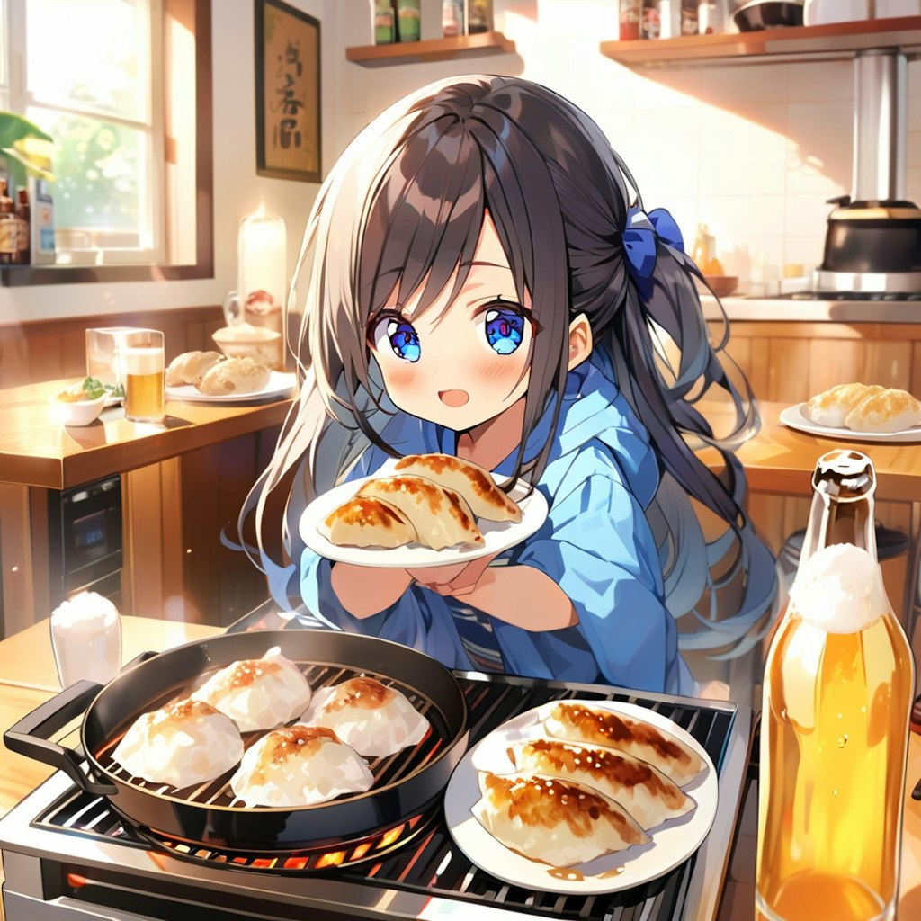 巨大餃子とビールと小さな女の子