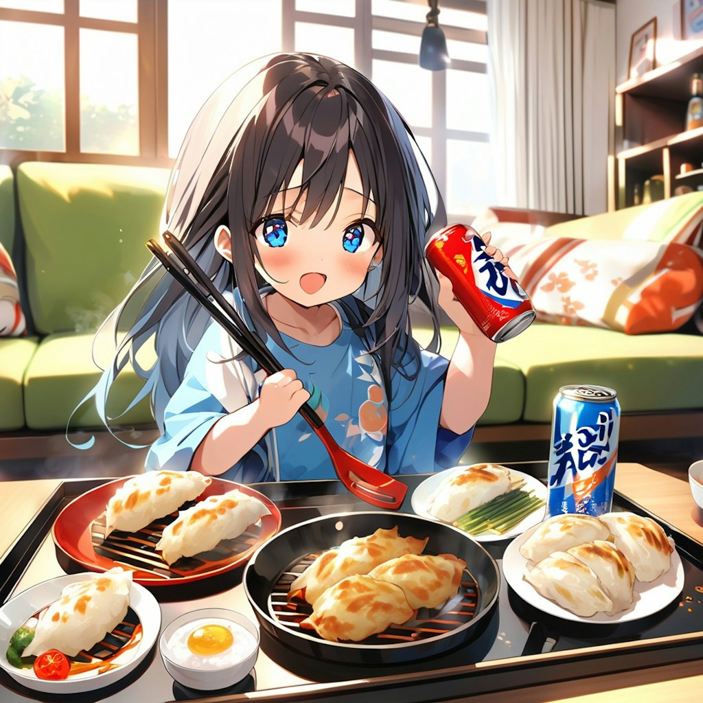 巨大餃子とビールと小さな女の子