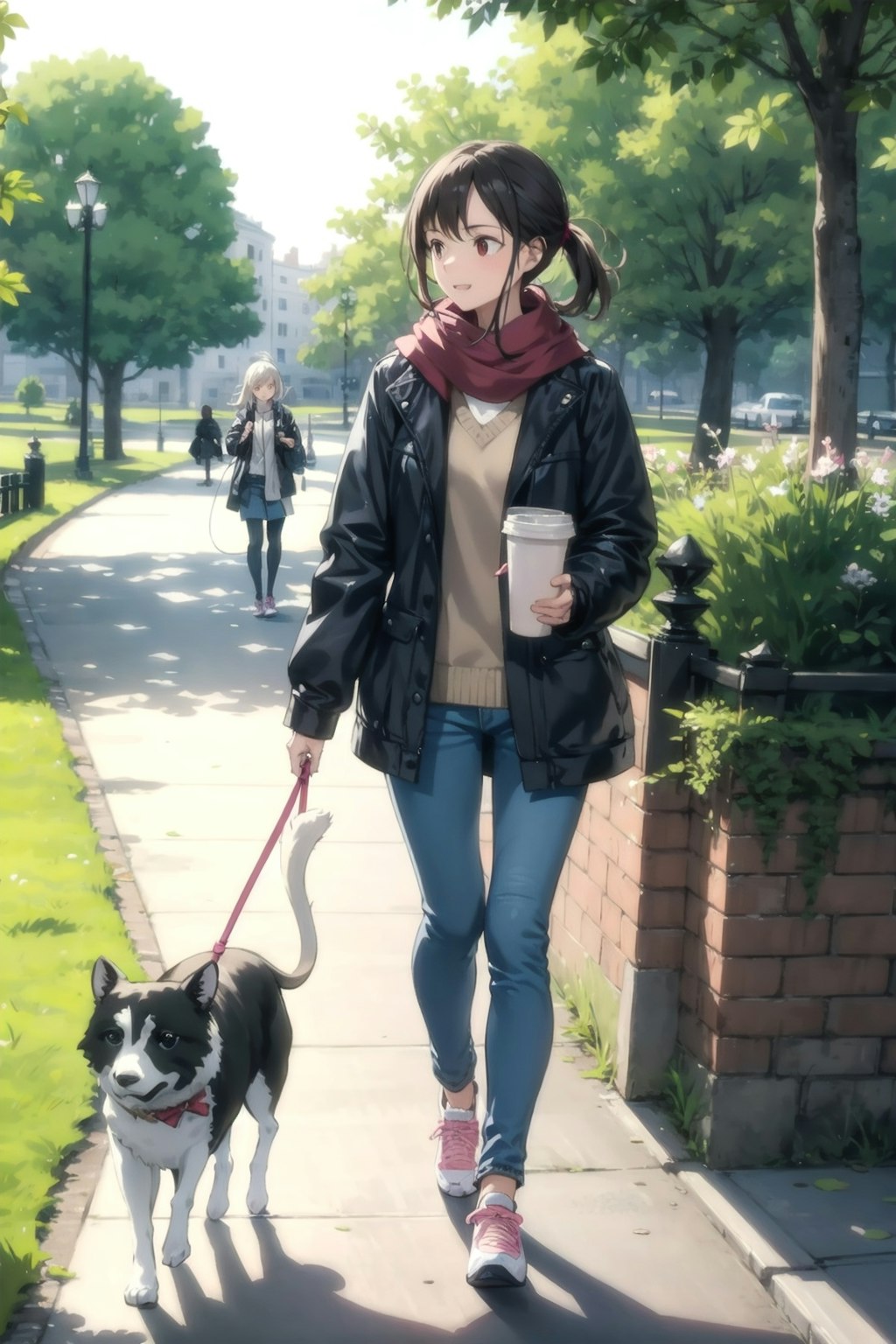 早朝の公園で犬の散歩をしている可愛い女性(V4B版)