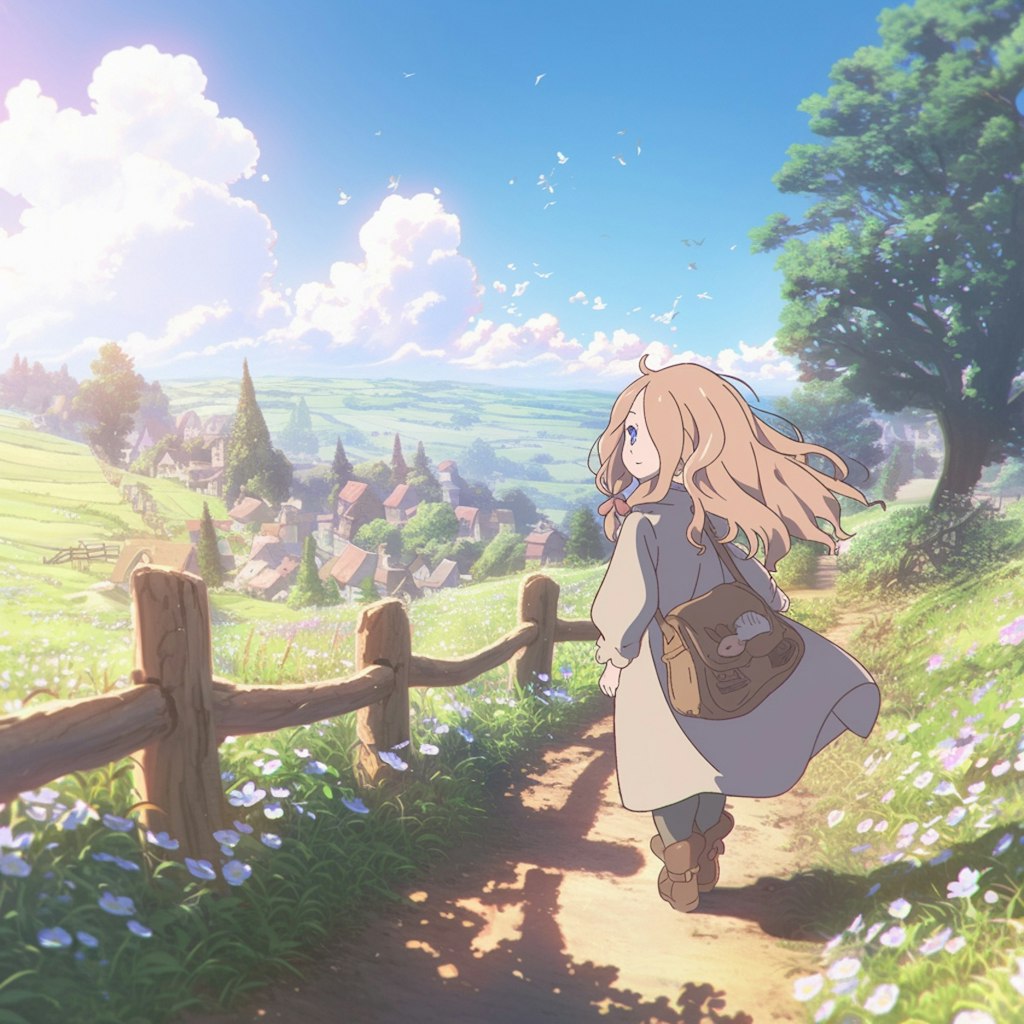 田舎道を歩く女の子　A girl walking along a country road