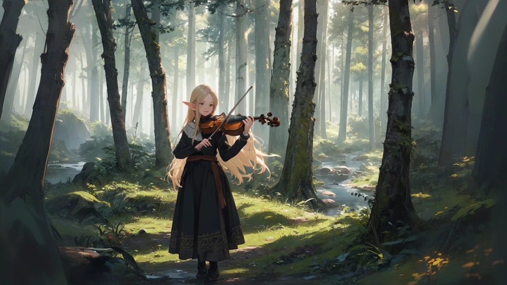 Elves playing instruments in the forest