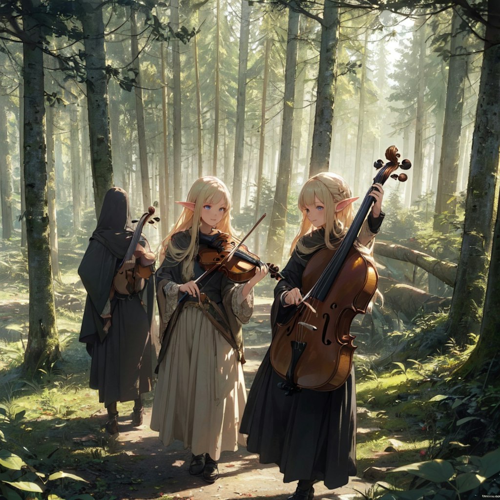 Elves playing instruments in the forest