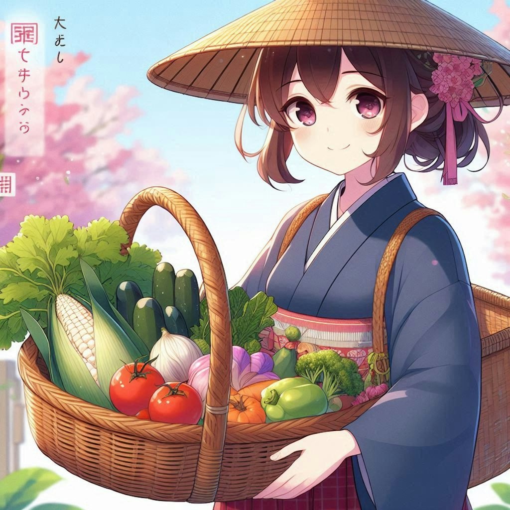 カゴいっぱいの野菜を持った日本の農家の女性