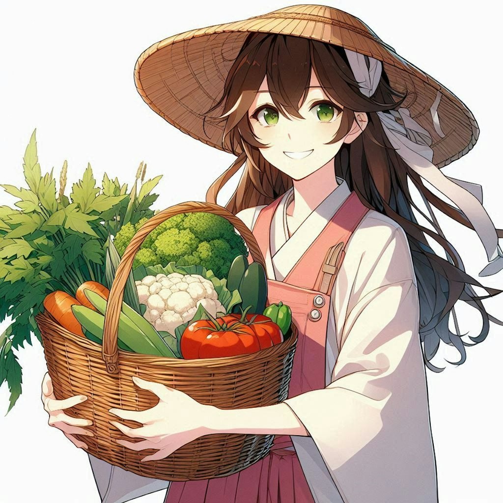 カゴいっぱいの野菜を持った日本の農家の女性