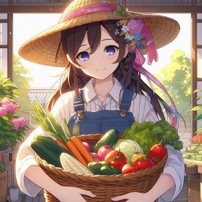 カゴいっぱいの野菜を持った日本の農家の女性