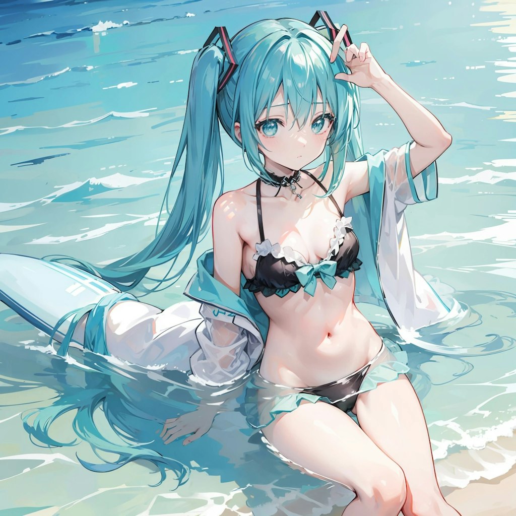 制服とも水着とも付かない初音ミクの海水浴