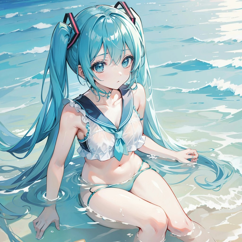 制服とも水着とも付かない初音ミクの海水浴