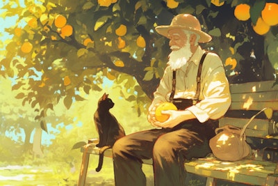 オレンジの木と老人と黒猫
