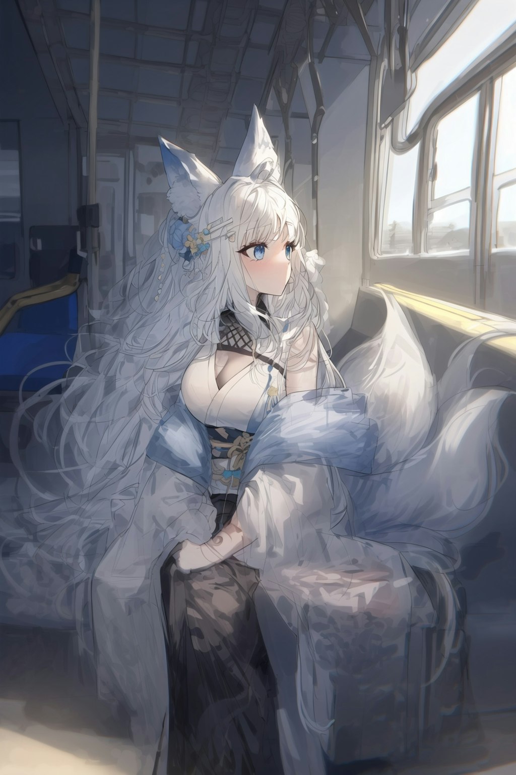 電車内から景色を眺める妖狐さん
