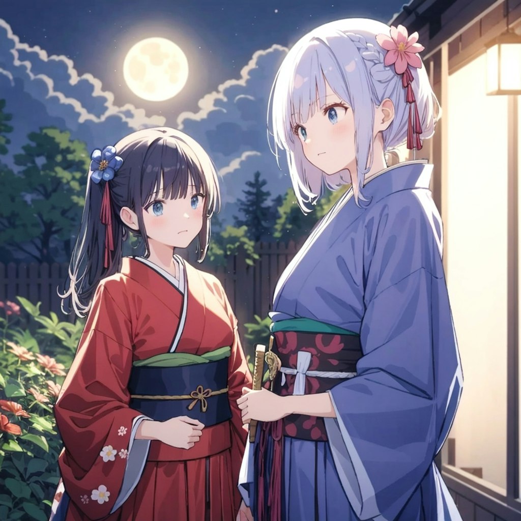 月夜と着物姿の少女達