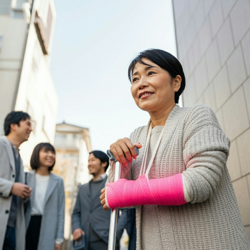 腕にギプスを着けた女性